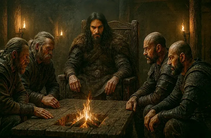 Attila’nın Germen liderleriyle çadır içinde ateş başında strateji görüşmesi yaptığı sahne.